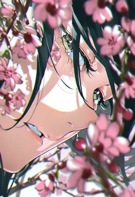 solo, 1girl, blurry, tears, flower, blurry foreground, parted lips, crying, depth of field, portrait, crying with eyes open, close-up, cherry blossoms, looking at viewer, pink flower, branch, bangs, eyelashes <lora:yoneyamaiXL_NBVP1_lokr_V6311P:0.95>