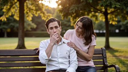 Candid photography of a peaceful park bench at dusk, surrounded by trees with soft, golden sunlight filtering through the leaves. A man is sitting on the bench, crying, looking vulnerable. Beside him, a woman is consoling him with a soft, empathetic expression, placing her hand gently on his shoulder. The manâs face shows sadness, while the womanâs expression is warm and comforting. The golden light adds warmth, symbolizing the emotional connection between them, with a sense of closeness and care despite his heartbreak. <lora:Sherry-00:1><lora:SelestaFlux1:1>
