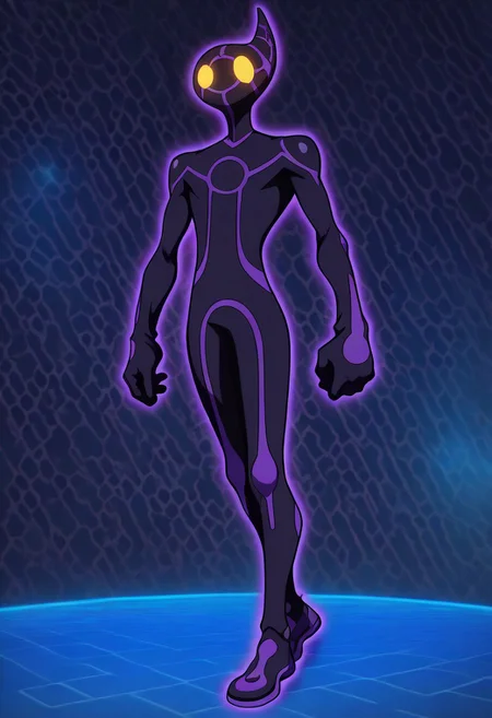 realistic, masterpiece, best quality, newest, absurdres, highres, aiyugioh, solo, full body, 1boy, colored skin, yellow eyes, no pupils, neon trim, no humans, glowing eyes, outline, shiny, BREAK, (cyberspace, internet:1.2)
