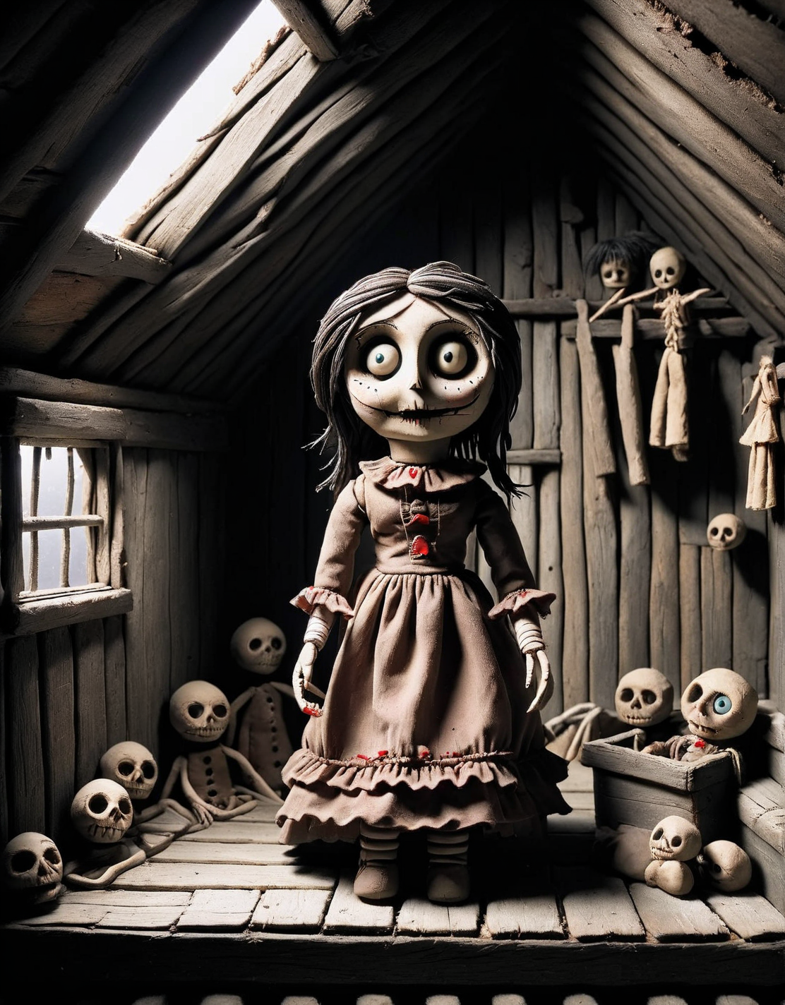 ais-drkclymtn creepy doll in an old attic <lora:ais-drkclymtn-sdxl:1>