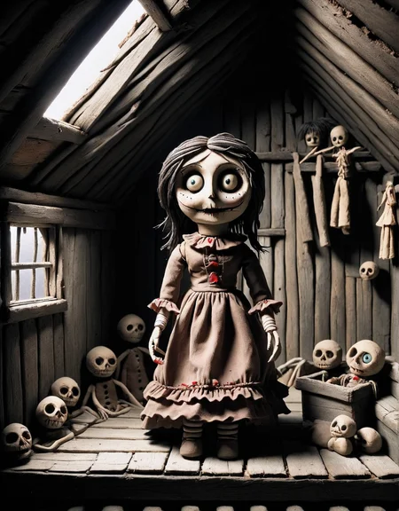 ais-drkclymtn creepy doll in an old attic <lora:ais-drkclymtn-sdxl:1>