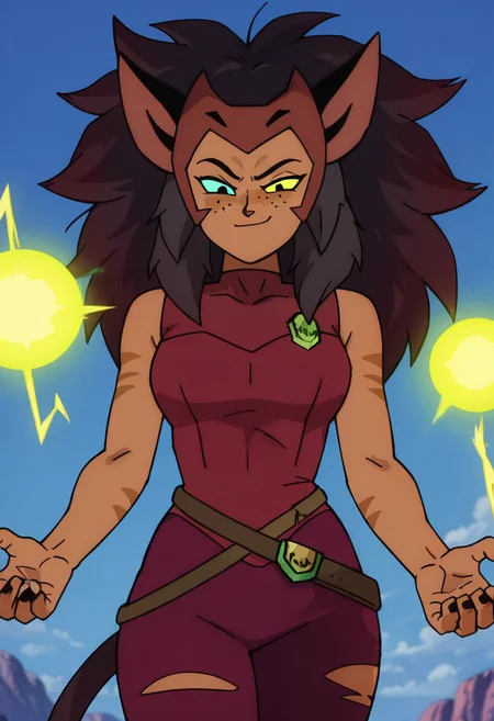 masterpiece, best quality, solo, curvy, beautiful eyes, zzCatra, green eyes, yellow eyes, multicolored hair, cat girl, furry, big hair, brown hair, long hair, animal ears, cat ears, heterochromia, colored sclera, yellow sclera, dark skin, freckles, blue eyes, sleeveless, belt, torn clothes, tail, black hair, pants, , <lora:CatraShera_IXL:1.0>, ,vivid aura, looking at viewer, blue background, smug, aura, super saiyan, charging energy, energy ball, energy, lightning, <lora:DBSBroly_Style_IXL_v2:0.6>,