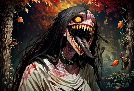 score_9, score_up_8, masterpiece, best quality, explicit, 
hasshaku-sama, mature woman, large woman, tall woman, sagging breast, enormous breast, long hair, black hair, horror (theme), collar bone, bony body, skinny, anorexic, fall season, trees, red yellow and orange leaves, falling leaves, night, garden, Expressiveh,  
 teeth, tongue, open mouth, horror, blood, (((stiches, scars))), black tongue, very long tongue, black tears, full body