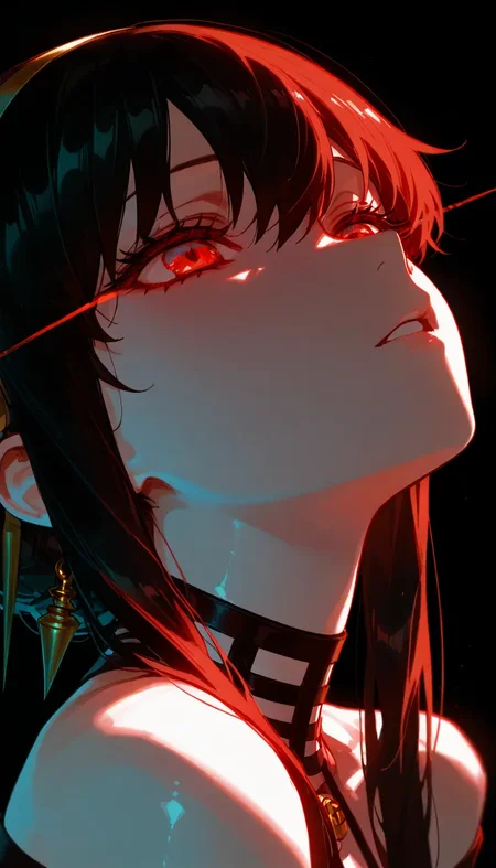 (masterpiece, best quality), best score, best anatomy, ultra deitailed, amazing quality, very aesthetic, absurdres, highres, newest, HDR, 8K, high detail RAW color art, high contrast, bright face, large pupil, eyelashes, brilliant skin, shiny skin,
1girl, solo, yor briar, (eye trail), dark, light, the light illuminates part of the face, close up, parted lips, black background, <lora:748cmSDXL:0.6>, <lora:θε‘γ:0.4>, <lora:ponyv5_noobV065S_1:0.8>, <lora:spo_sdxl_10ep_4k:0.6>, <lora:MeMaXL4:0.8> <lora:GBF_Illustrious:0.45>