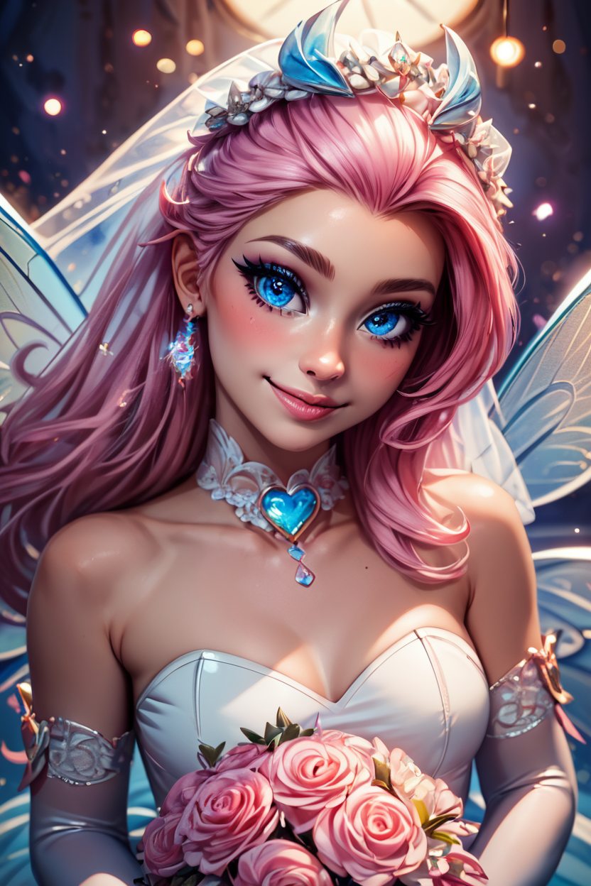 score_9, score_8_up, score_8, medium breasts, (curvy), cute, eyelashes,       BREAK, , zzTasi, blue eyes, pink hair, long hair, fairy wings, <lora:TasiAFK_PDXL_v2:0.7>,   , BREAK, (ultra realistic,32k, masterpiece:1.2),(high detailed skin:1.1),( high quality:1.1), curvy, head tilt, hearts, blush, lips, curvy, head tilt, shiny clothes, (upper body), looking at viewer, bokeh, luminescent background, smile, looking at viewer,  bride, wedding dress, bridal veil, strapless dress, elbow gloves,  holding bouquet,  hearts, white outline, cowboy shot, embedding:zPDXL, Expressiveh,  <lora:RlAnmPDXL:1.0>,