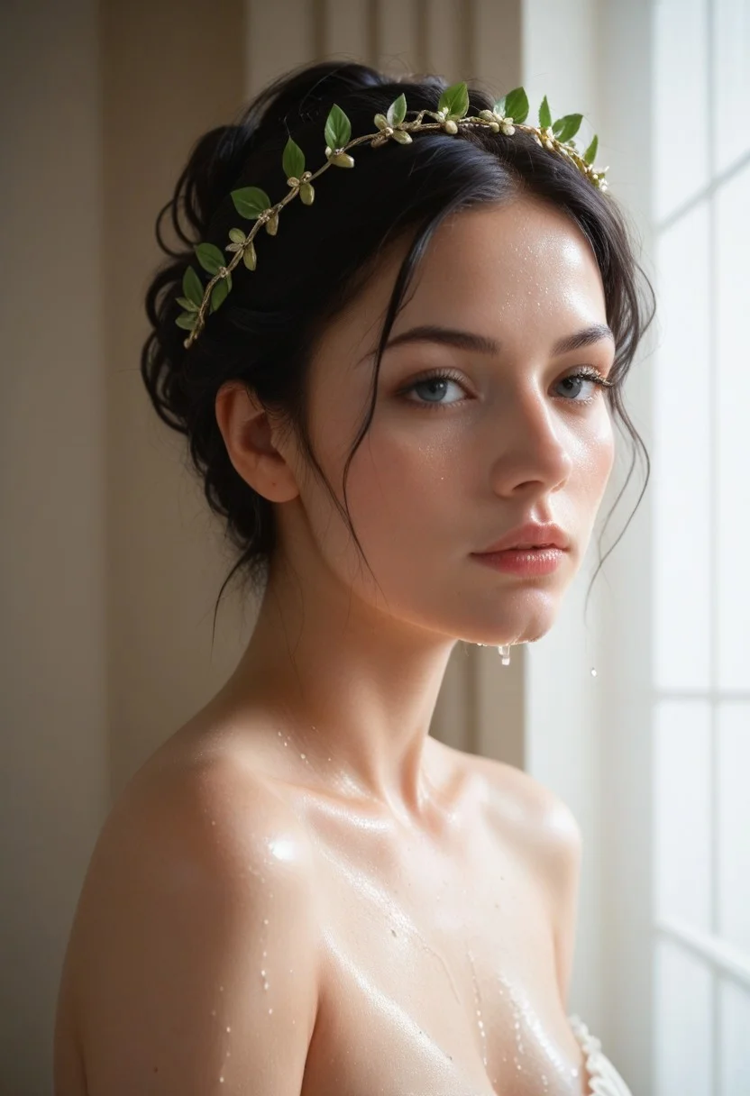 beautiful, masterpiece, ((score_9), score_8_up, score_7_up), score_6_up, royal, laurel wreath, black hair, tied hair, short hair, , soul tide, wet, kiaji,
volumatric lighting, in a palace, bright lighting,
expressiveH
