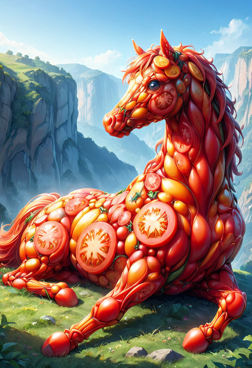 A lying horse, mobe-tomamph,  like a pixar movie close-up shot, outdoor, cliff, masterpiece, absurdres, vibrant, dynamic angle, dynamic pose,  <lora:T0m4t0M0rph-V1:1>,