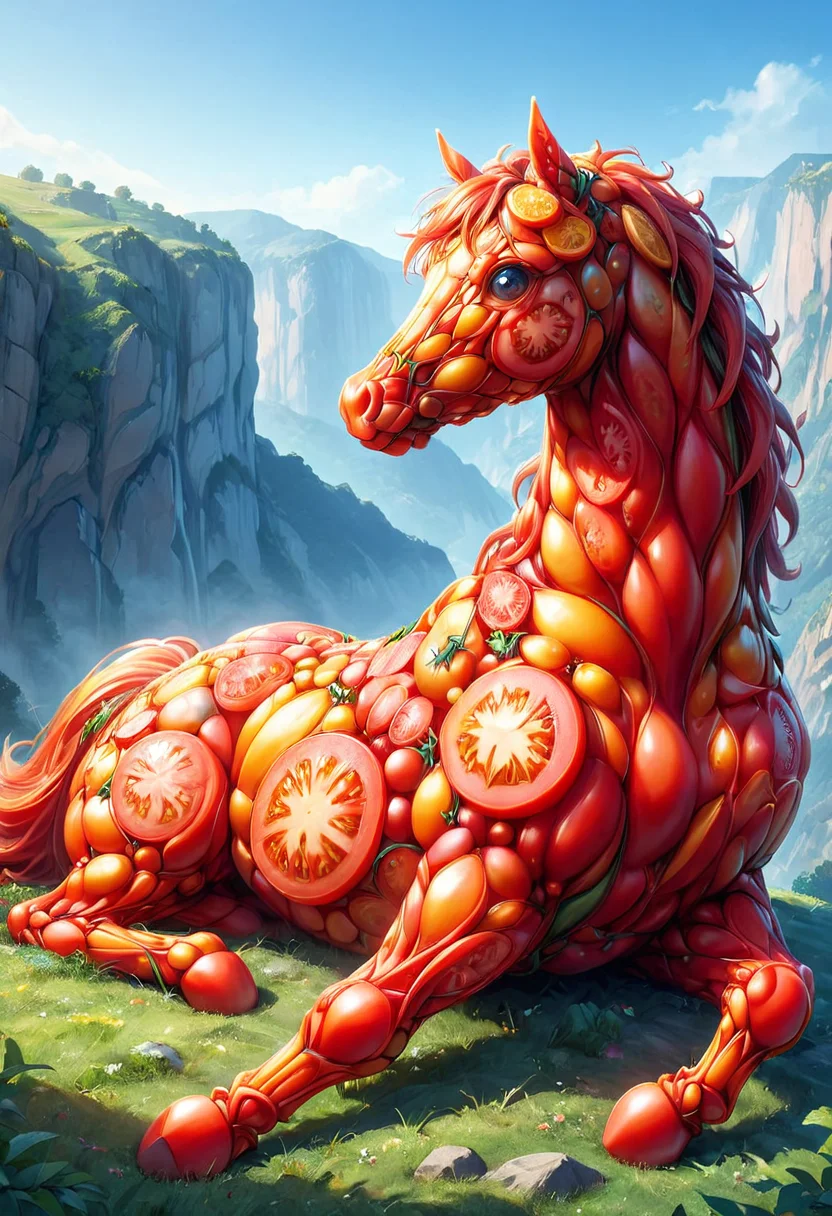 A lying horse, mobe-tomamph, like a pixar movie close-up shot, outdoor, cliff, masterpiece, absurdres, vibrant, dynamic angle, dynamic pose, <lora:T0m4t0M0rph-V1:1>,