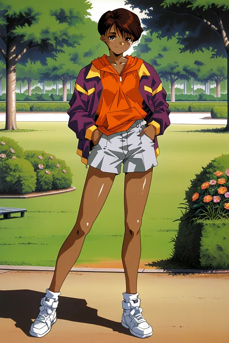masterpiece, best quality, amazing quality, absurdres, solo, tohno mizuki, smirk, teeth, posing, standing, closed mouth, looking at viewer, short brown hair, brown eyes, dark skin, dark-skinned female, purple jacket, orange hoodie, grey shorts, white sneakers, outdoors, park, trees, grass, flowers