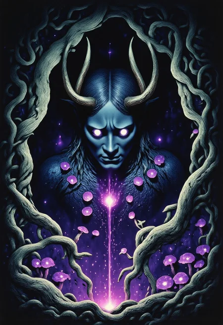 Satyr ArsMovieStill, movie still from a 1970s horror movie Studio Ghibli Dark Fairytale depicting a cursed hannya mask with horns and fangs in an eerie dark forest amidst twisting vines and luminous purple mushrooms