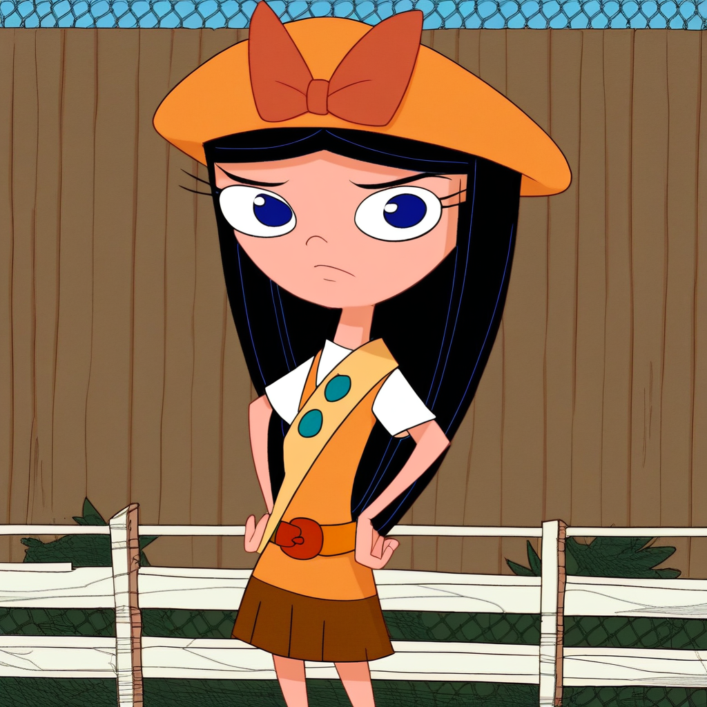 score_9, solo, isabella_fs, hat, bow, black hair, long hair, blue eyes, belt, skirt, hands on hips, looking viewer, fence, outdoors