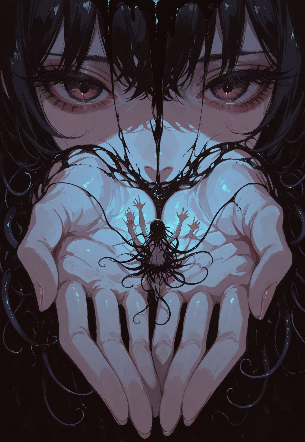 score_9, score_8_up, score_7_up, masterpiece, best quality, very aesthetic, (dynamic:1.1), (extreme close up:1.1), (eye:1.1), pupil, void, dark, illustration, reaching hands, fingers, eyelashes, come to life, horror, many hands, black liquid, tendrils, falling person, miniature, 
