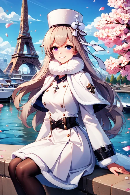 score_9, score_8_up, score_8, medium breasts, (curvy), cute, eyelashes, ,,, , ,,, zzMurmansk, long hair, purple eyes, heterochromia, blue eyes, bangs, grey hair, hat, white headwear, cross necklace, fur-trimmed dress, white dress, papakha, black pantyhose, long sleeves, black belt, white coat, capelet, winter coat, <lora:Murmansk_Azurlane_PDXL:1.0>, ,,,, BREAK, zzEiffelTower in background, sitting, watercraft, boat, sitting on wall, side view, looking at viewer, smile, ,,, BREAK, blooming stars, luminescent petals, otherworldly fragrance blurry background, ,,, embedding:zPDXL, Expressiveh, ,,, <lora:EiffelTowerPDXL:0.8>, <lora:CatalystStylePDXL:0.6>, <lora:SDXLFaeTastic2400:0.5>, <lora:Expressive_H-000001:0.4>,