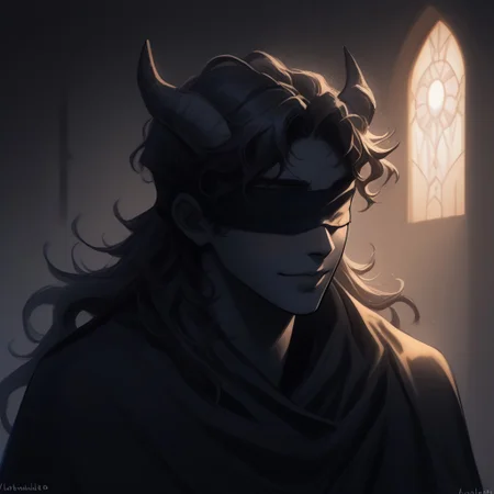 Score_9, Score_8_up, Score_7_up, (masterpiece), best quality, blindfolded, perfect face, perfect anatomy, portrait, Tiefling, pointed ears, horns, short horns, tail, tail up, black skin, handsome young man, young adult, slim, black hair, wavy hair, wavy, volumize hair, semi long hair length, black clothing, sorcerer cloak, romantic perspective, smiling, nervous, beautiful perspective. sorcerer robes, indoors of a magical tavern, warm lighting in the background, soft lighting, crow feathers falling in the background, shoulder length hair, short hairstyle