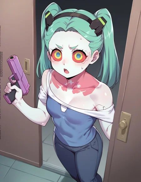 score_9, score_8_up, score_7_up, source_anime, BREAK solo, 1girl, surprised,expressionless,open_mouth, :o, rebecca_(cyberpunk),(colored_skin:1.2), pale_skin, blue_skin, tattoo, colored_sclera, artificial eye, single_bare_shoulder, white_shirt, long_shirt,small_breasts, opening_door, holding_gun, from_above