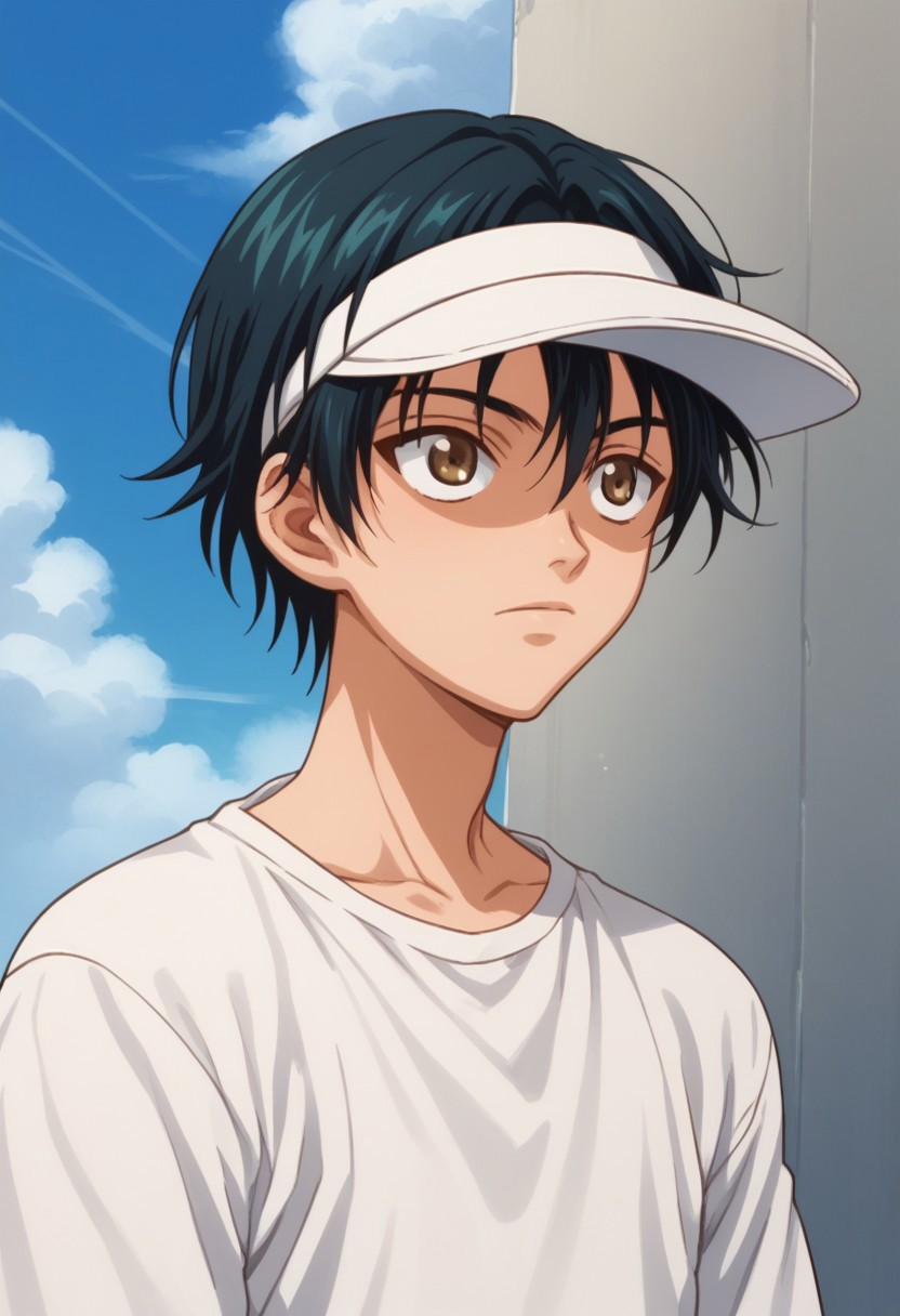 score_9, score_8_up, score_7_up, source_anime, highly detailed, 
echizen, 1boy, male focus, solo, black hair, short hair, brown eyes, upper body, t-shirt, visor cap,
outdoor, sky, cloud