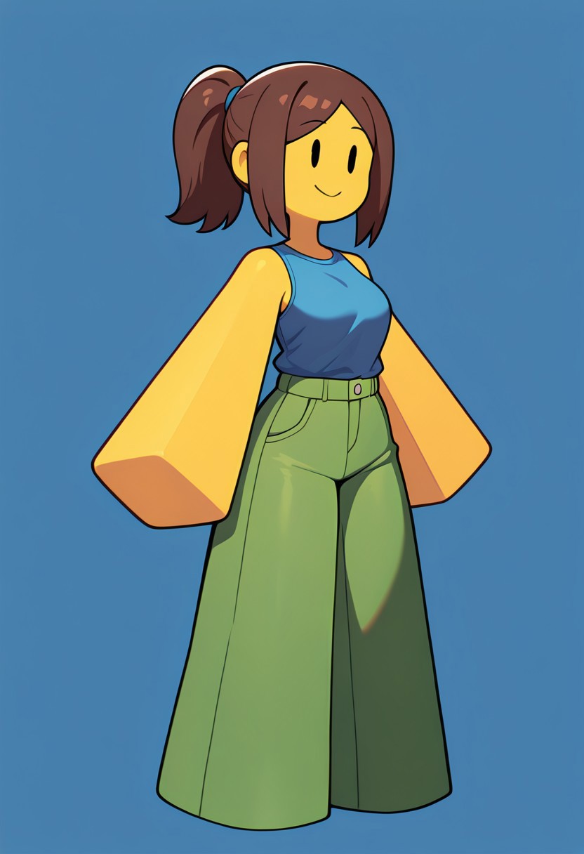 masterpiece, best quality, amazing quality, very aesthetic, absurdres, newest,
 straight arm, busty, ponytail, brown hair, 
noob, solo, smile, colored skin, yellow skin, 1girl, yellow block arms, green block legs, round head, , closed mouth, blue shirt, green pants, solid oval eyes, sleeveless,