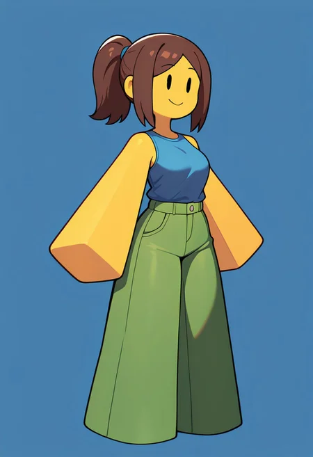 masterpiece, best quality, amazing quality, very aesthetic, absurdres, newest,
 straight arm, busty, ponytail, brown hair, 
noob, solo, smile, colored skin, yellow skin, 1girl, yellow block arms, green block legs, round head, , closed mouth, blue shirt, green pants, solid oval eyes, sleeveless,
