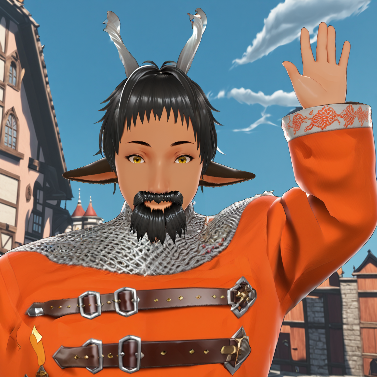 2d, fantasy-style, (zPDXL2), (((dynamic pose))), (((dynamic angle))), sehele style, webtoon, anime, centered, sajevtu, tanned skin, 1man, orange coat, black hair, beard, two small twisted silver goat horns, yellow goat eyes, goat ears, chainmail coif, waving, smiling, XIV Century Russian Soldier Uniform, silver silk sash, intricate patterns, ((outdoors, medieval fantasy town)), <lora:sd_xl_dpo_lora_v1:1>, <lora:OMG-Is-DucHaiten_v1.0:0.1>, <lora:Seunghee_Lee_Style_PDXL:0.4>, <lora:ManhwaSDXL:1.5>, <lora:sajevtu2_PonyXL:0.8>