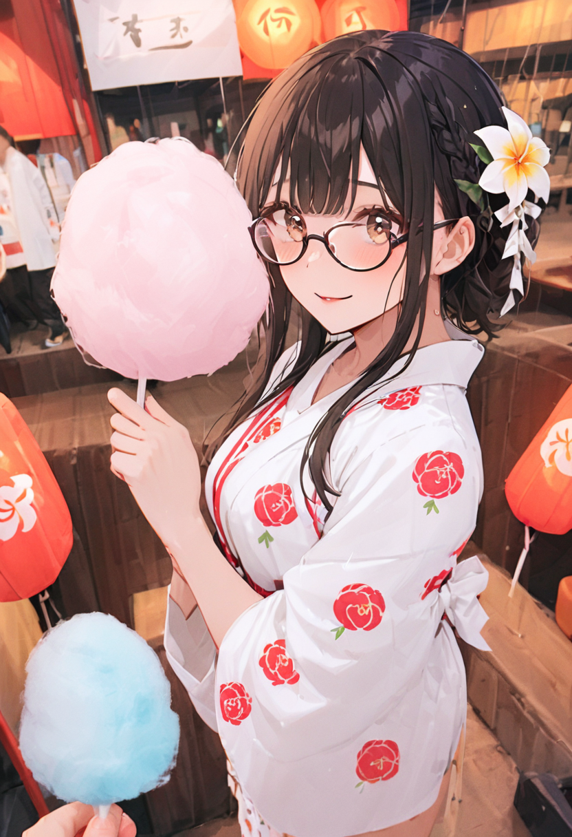 masterpiece, best quality, very aesthetic, absurdres,
cotton candy, 1girl, solo, glasses, black hair, holding, holding food, food, skewer, yukata, hair flower, braid, night, summer, paper lantern, 
 <lora:wataame_SDXL_V1:1>