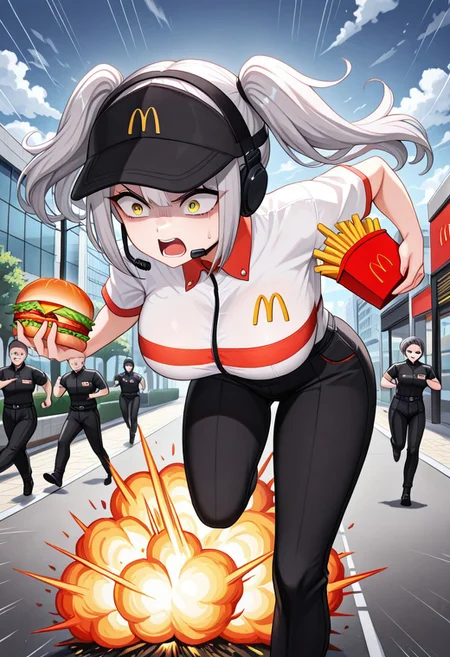 masterpiece, best quality,
belorta, twintails, short hair, gray hair, big breast, yellow eyes, shaded face, scared,
mac, McDonald's uniform, black uniform, black hat, headset, holding hamburgers, angry mob, running, explosion in background, building on fire, fighter plane in background, cloudy skies, motion blur, dynamic pose, running pose, holding french fries, black pants, looking behind, speed lines,