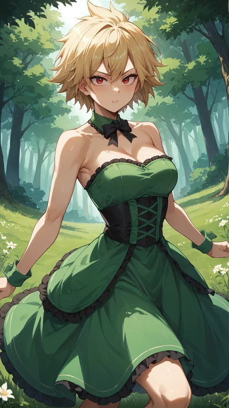 score_9,score_8_up,score_7_up,score_6_up, <lora:xl_more_art-full_v1:0.5>, source_anime, woman, dynamic pose, slouching, <lora:Mitsuki Bakugo - Pony:0.8>, short hair, blonde hair, spiked hair, red eyes, green dress, light green dress, black bow, waist bow, wrist cuffs, green cuffs, green skirt, bare shoulders, flower, forest, tall grass, light rays, strapless, frills, layered dress,