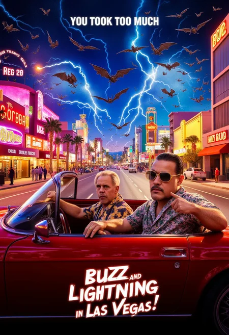 Movie poster, title text "Buzz and Lightning in Las Vegas". subtitle "You took too much" Bulky mexican guy drives a red convertible through a nightmarish Vegas strip, aviators reflecting distorted neon lights. Bats swarm the desert sky while the casinos in the background melt like a Salvador Dali painting. His attorney slick european Dr. Gonzo, wearing yellow glasses and hawai shirt, lounges in the passenger seat surrounded by scattered pills and cigarette smoke. The city's lights blur into streaks of color, suggesting a drug-induced frenzy.