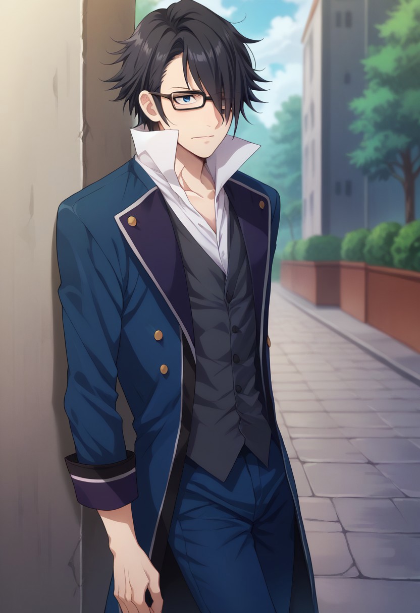 score_9, score_8_up, score_7_up, source_anime, highly detailed, 

saruhiko, 1boy, male focus, solo, black hair, hair over one eye, blue eyes, glasses, shirt, white shirt, high collar, vest, jacket, blue jacket, coat, pants, blue pants,

outdoor,