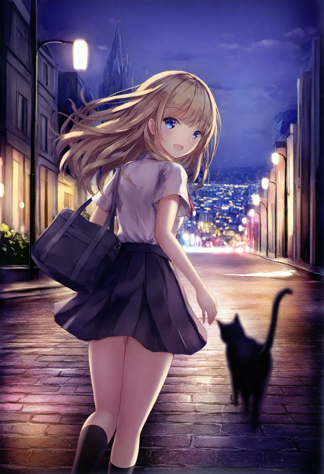 <lora:miss1_noob1.1-000184:0.9>,
1girl, cat, skirt, blue eyes, bag, outdoors, solo, long hair, looking back, open mouth, lamppost, night, smile, blurry, black cat, depth of field, shirt, city, socks, looking at viewer, short sleeves, road, cityscape, black socks, white shirt, scenery, sky, blonde hair, :d, city lights, street, school uniform, from behind,
masterpiece,best quality,newest,absurdres,highres,very awa,