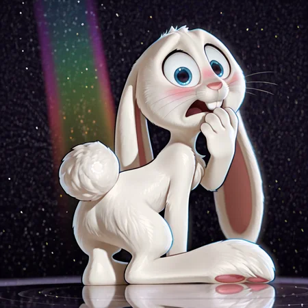 1boy, solo, furry male, from behind, alec_azam, white fur, blue eyes, whiskers, buck teeth, rabbit tail, chest tuft, long ears, ears down, short, wide-eyed, nervous, blush, parted lips, embarrassed, flustered, 
BREAK 
masterpiece, absurdres, ultra-detailed, best quality, all fours, looking back, looking at viewer, head tilt, fluffy, body fur, fewer digits, 4 fingers, nude, no anus, no penis, detailed fluffy fur, soles, pawpads, arm support, hand up, hand to own mouth, big head, full body, 
BREAK 
spotlight, rainbow colors, abstract background, shadow, reflection, glitter, light particles, 