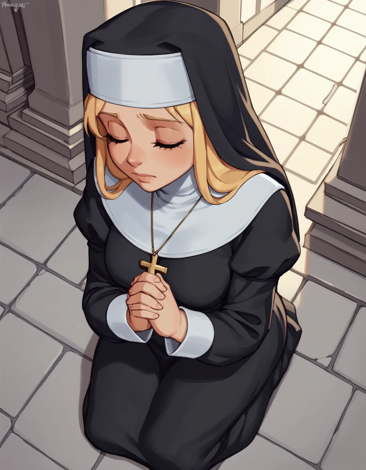 score_9, score_8_up, score_7_up, score_6_up, score_5_up, score_4_up, BREAK 1girl, church, nun, kneeling, praying, from above, closed eyes, blonde hair, long hair, <lora:NezuletPDXL:1>