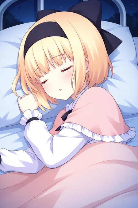 masterpiece, best quality, absurdres, official art, official style, rating general BREAK,
<lora:iriswindsor_IL_v1-2:0.7>, iris windsor, 1girl, solo, blue eyes, eyelashes, blonde hair, short hair, blunt bangs, bob cut, small breasts, petite, flat chest, black hairband, hair bow, black bow, on side, sleeping, lying, closed eyes, pillow, blush, long sleeves, open mouth, upper body, parted lips, bed sheet, frilled capelet, bed, blanket, on bed, white shirt, under covers, buttons, center frills, puffy sleeves, indoors, close-up, from above, puffy long sleeves, facing viewer, :o, casual, shawl, dress shirt, frilled dress, pink capelet, white collar, frilled collar, dark, night