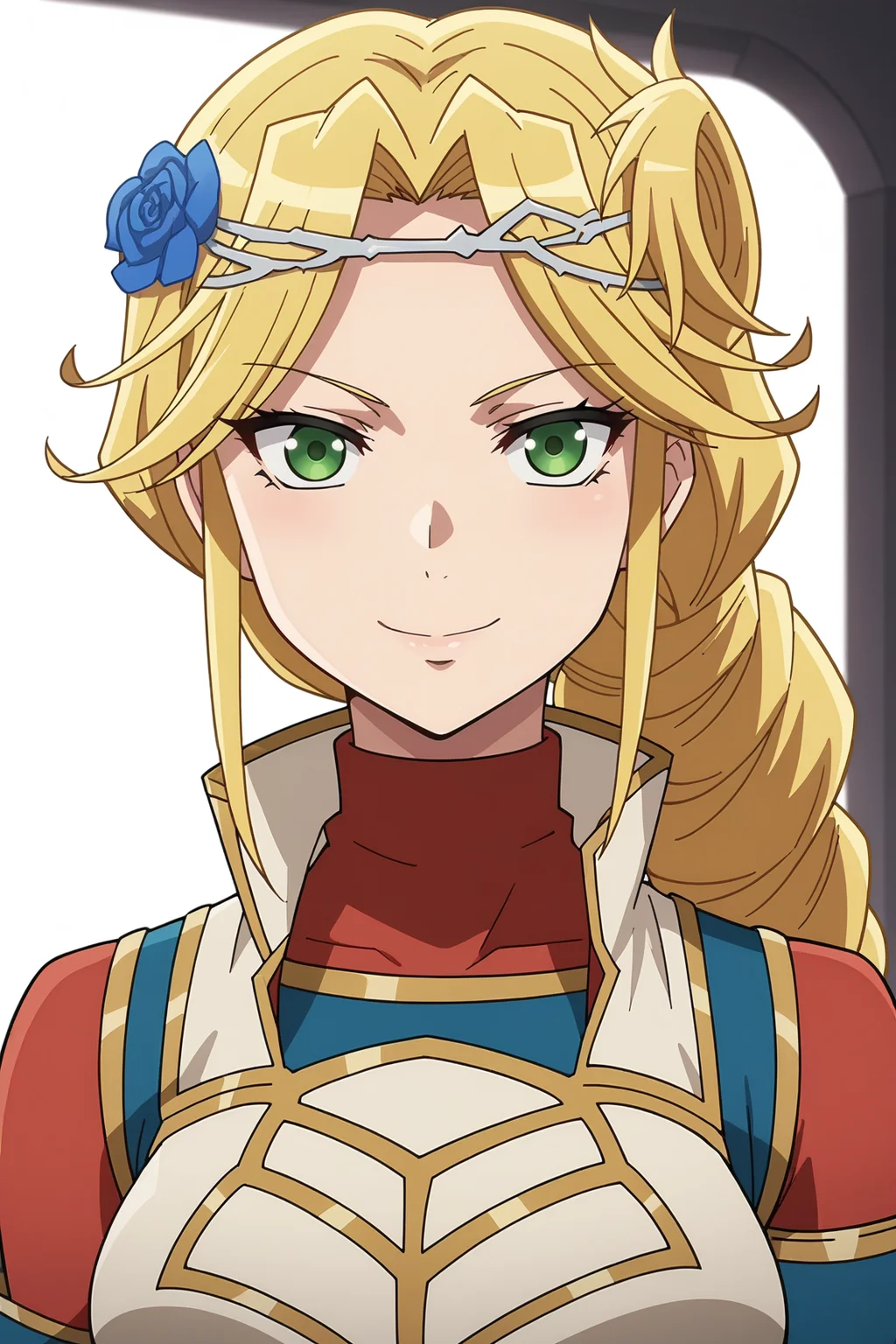 score_9, score_8_up, score_7_up, source anime, prefect lighting, very aesthetic, BREAK, anime screencap, anime coloring,
<lora:lakyus_overlord_v1-pdv6:0.9>, 1girl, lakyus alvein dale aindra, overlord \(maruyama\), blonde hair, green eyes,
lakyusout1, braid, hair flower, hair ornament, gloves, armor, gauntlets, blue flower,
BREAK, smile, looking at viewer, close-up,
BREAK,