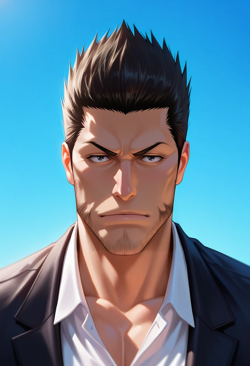 masterpiece, best quality, , (realistic:0.6), , 1boy, solo, male focus, <lora:isshin_kurosaki_ilxl:0.94>, isshin_kurosaki, black hair, black eyes, short hair, spiked hair, facial hair, stubble, beard, ,