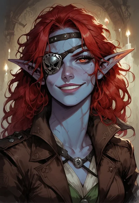 score_9, score_8_up, score_7_up, BREAK, 1woman portrait,  beautiful, dramatic lights ((Elf, rogue, thief, pirate, eyepatch, blue skin, red hair, gree eyes, scars, scars on face, multiple scars, capitan hat, grin, smug, longe loose hair, sea background))
<lora:Fant5yP0ny:0.6> <lora:fantasy_world_pony:0.9>
<lora:Cherry-Gig:0.55>