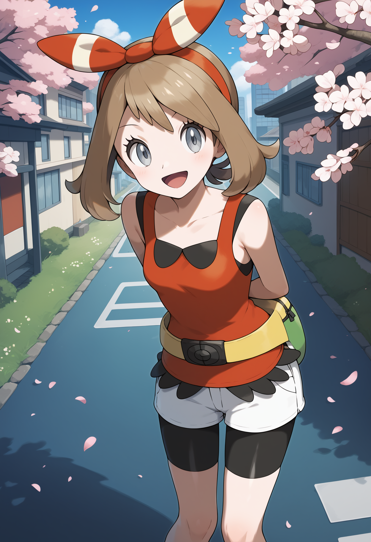 score_9, score_8_up, score_7_up, score_6_up, score_5_up, score_4_up, source_anime, aamay, brown hair, bow hairband, red hairband, grey eyes, breasts, collarbone, tank top, sleeveless shirt, red shirt, fanny pack, yellow belt, white shorts, bike shorts under shorts, bike shorts, <lora:may_(pokemon)_ponyxl_v1:0.9>, arms behind back, leaning forward, standing, outdoors, open mouth, cherry blossoms, smile, city, road,