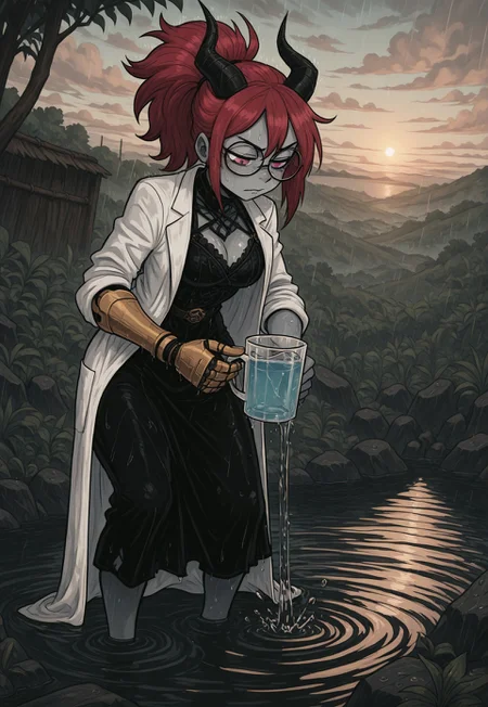 masterpiece, best quality, amazing quality, very aesthetic, absurdres, newest, 8k, nistyle, Rapscallionstyle,
BREAK,
1girl, SOPHV2.1, demon girl, grey skin, colored skin, glasses, round eyewear, prosthetic arm, prosthesis, lab coat, dress, black dress, open coat, red hair, horns, black horns,
BREAK,
crouching, in water, bending over, holding cup, filling cup with water,
BREAK,
rain, energetic details, stark shadows, dawn, motion lines, beachwear, large waves, glowing sky, modern fantasy art, dramatic, daylight, well lit, dynamic angle, detailed background, dramatic lighting, depth of field, volumetric lighting