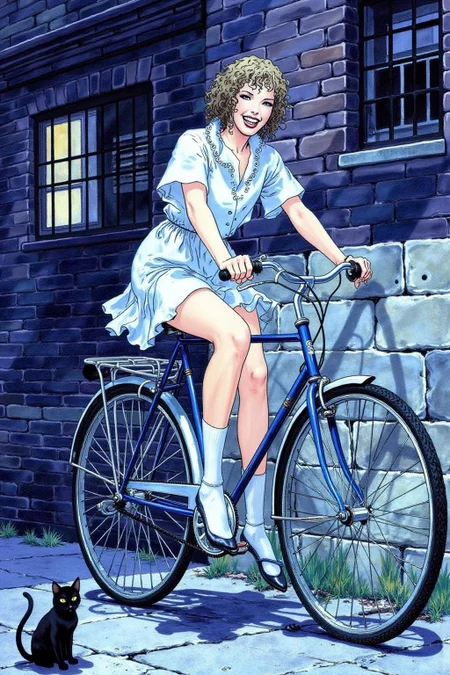itacomic1 illustration. A Japanese school girl riding a old style bicycle through a narrow, quiet street at night. The happy woman wears a simple, flowing dress. In the corner, a small black cat with piercing eyes sits watching her quietly. The mood is tranquil and slightly magical. Soft lighting, deep blue tones, detailed shading, ethereal, cinematic composition <lora:itacomic_mima4_nocap_d4a2:1.0><lora:801711416232107418:0>
