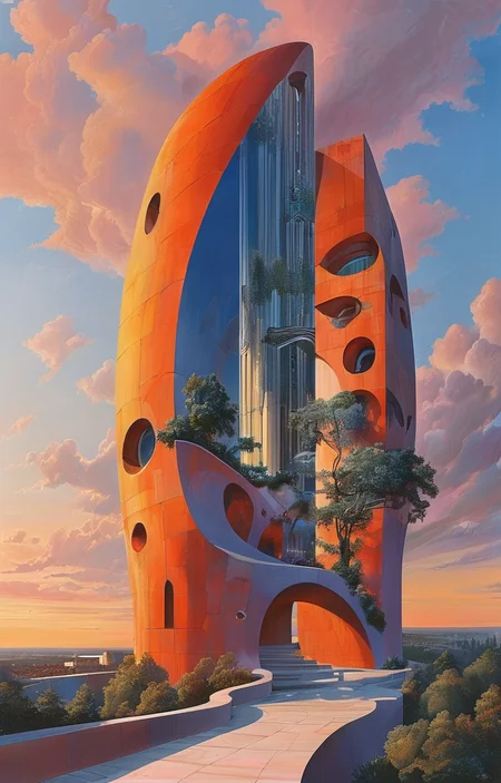 masterpiece,best quality,<lora:tbh306-sdxl:0.9>,illustration,design by Michael Graves, Futuristic skyscraper with organic shapes, inspired by Zaha Hadid, gleaming under a sunset sky