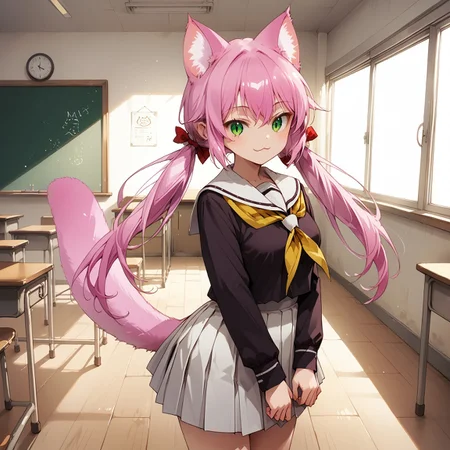 safe_pos, score_9, score_8_up, score_7_up, source_anime, highly detailed,beach1girl, animal ears, solo, tail, green eyes, skirt, yellow neckerchief, school uniform, long hair, smile, cat ears, full body, pleated skirt, twintails,neckerchief, pink hair, animal ear fluff, cat tail,indoors, classroom, medium breast
