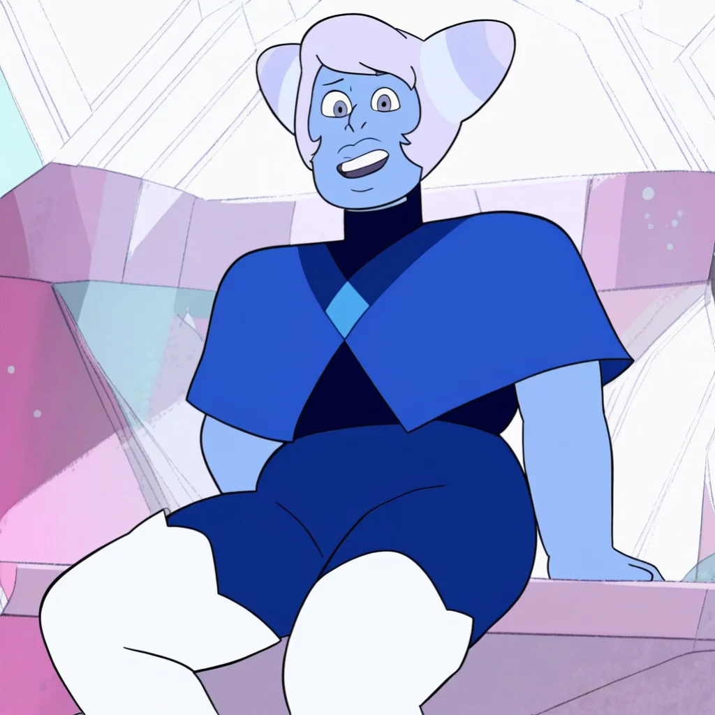 score_9, masterpiece, 1girl, Solo, female focus, HollyBlueAgate_SU, periwinkle blue skin, big eyes, violet eyes, pale lavender hair, two pointed side buns, plump lips, night blue top with a high collar, blue shawl with a darker blue collar, light blue diamond symbol on chest, royal blue pants, white thigh-high high-heeled jackboots, tall stature, robust body, close-up, room background, looking at viewer, perfect eyes, perfect lips