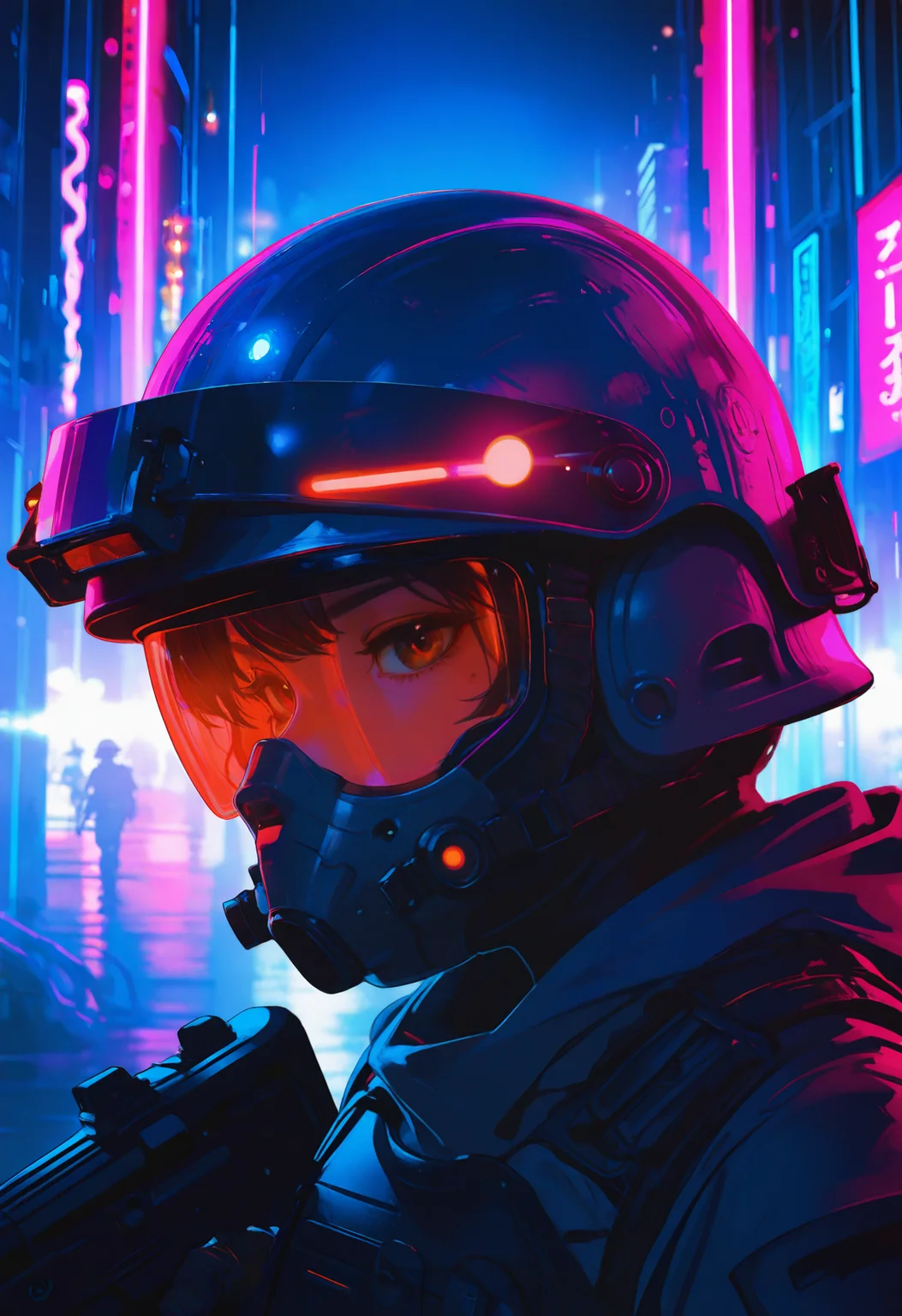 embedding:lazypos, closeup portrait of stunning japanese female sc-fi soldier, helmet, mirrored visor reflecting jungle environment, full body, helmet removed, holding gun, neon city lights <lora:TrendCraft_The_Peoples_Style_Detailer-v1.0A-3_13_2025-NoobVPRED:0.1>