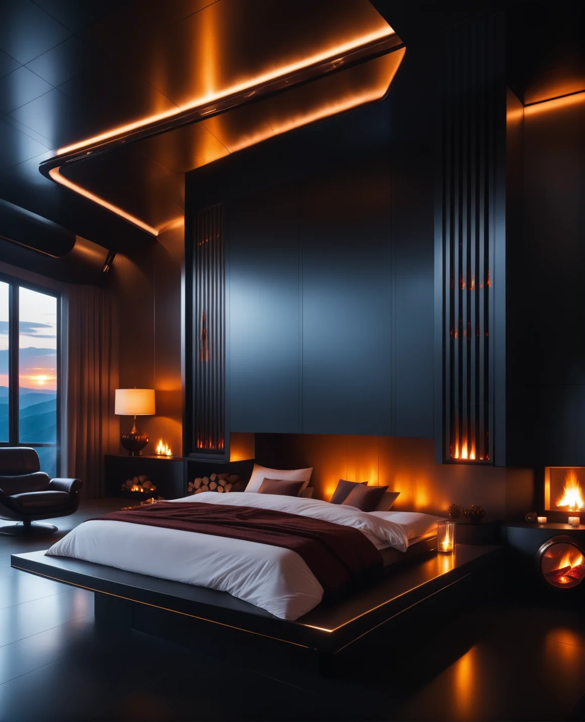 masterpiece, high quality, a reij-ebsu bed room, sunrise shines, fireplace, retro sci fi steampunk <lora:ebony sunset-000001:1>