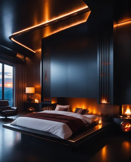 masterpiece, high quality, a  reij-ebsu bed room, sunrise shines, fireplace, retro sci fi steampunk <lora:ebony sunset-000001:1>