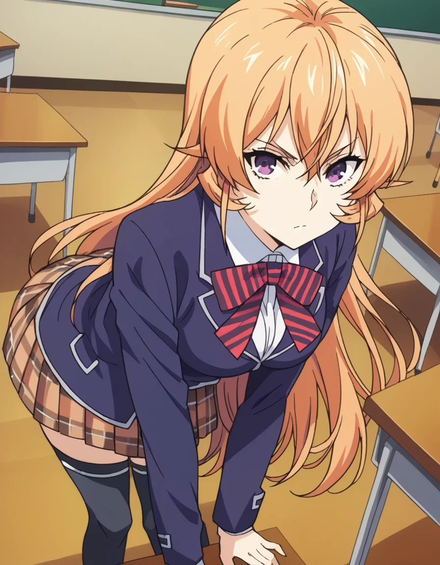 score_9, score_8_up, score_7_up, source_anime,
erinanakiri, <lora:erina-nakiri-s1-ponyxl-lora-nochekaiser:1>,
erina nakiri, long hair, orange hair, purple eyes, hair between eyes,
skirt, thighhighs, bow, school uniform, jacket, pleated skirt, shoes, black thighhighs, zettai ryouiki, plaid, plaid skirt, blazer,
indoors, classroom, bent over,
looking at viewer, cowboy shot, dutch angle, solo,