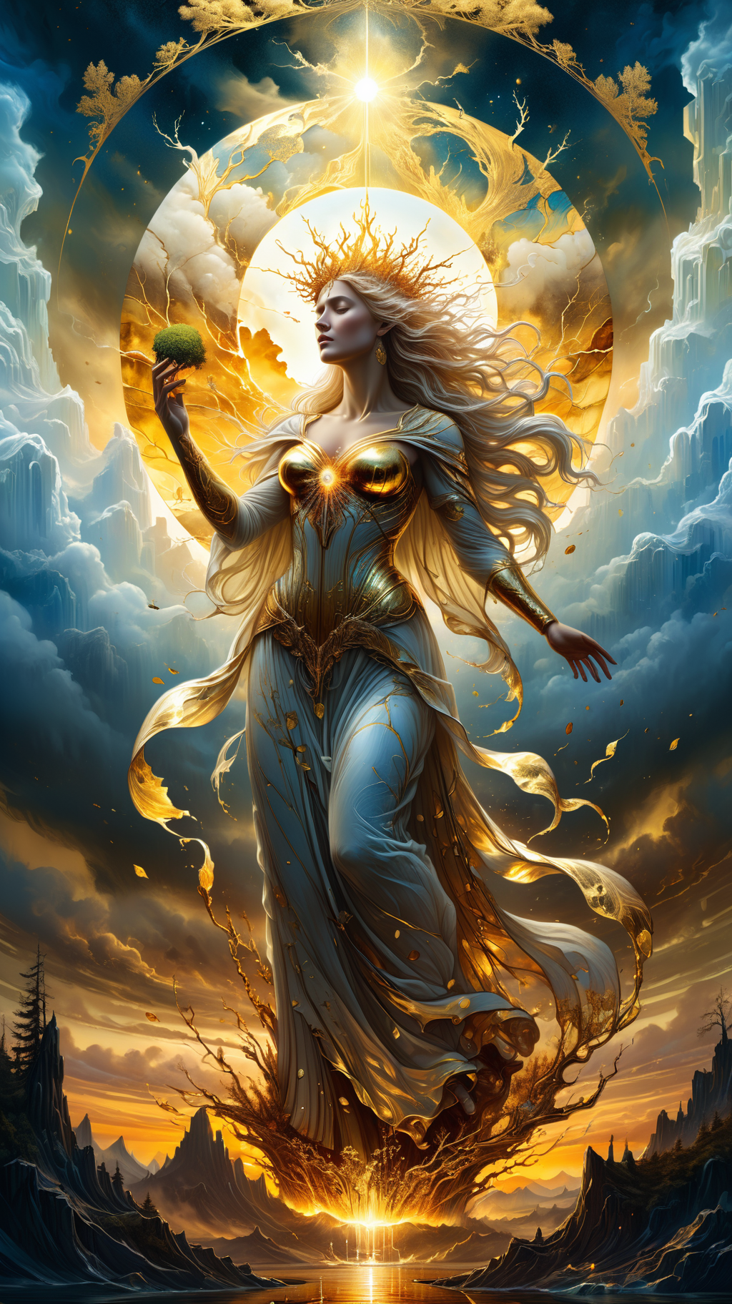 a masterful digital fantasy painting in the style of Greg Rutkowski Dan Mumford and Caspar David Friedrich,  alcohol ink, thick outlines, gold leaf,  the gargantuan goddess mother earth rising up from the ground to punish those who have disrupted and stained her, masterpiece, 8k, award winning, high quality, best quality, cinematic, extremely detailed, intense lighting, epic,  <lora:xl_more_art-full_v1:0.6>  <lora:SDXLFrosted:0.4>  <lora:MJ52:0.4> <lora:add-detail-xl:1>  <lora:SDXLAuroraStyle:0.2>  <lora:extremely_detailed:1.3>