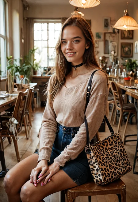 score_9, score_8_up, score_7_up, score_6_up, score_5_up, score_4_up, source_photo, source_real, 1girl, brown_hair, brown_eyes,  long_sleeves, jewelry, sitting, teeth, choker, indoors, bag, nail_polish, fingernails, pink_nails, handbag, realistic  <lora:emma_v3_nobody_pxl:1>