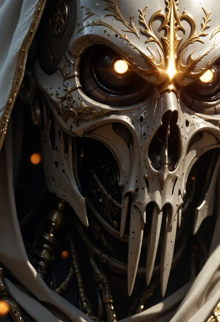 An extreme close-up of the nun’s face, framed by the intense, gritty realism of an old analog camera. The mechanical hknuns nun wears a detailed, ancient silver mask, its surface weathered and battle-scarred, yet intricately adorned with delicate engravings. The mask reflects the faint glow of divine energy, with radiant golden and white light flickering across its surface, highlighting every crevice and contour. Light shimmers and dances along the metallic surface, casting sharp contrasts between the glowing highlights and the deep shadows that fill the engraved details.
The eyes of the mask are hollow and eerie, yet there’s an ethereal light faintly pulsing from within, suggesting a divine power concealed behind the cold steel. Around her, the chaotic swirl of a dense, raging sandstorm blurs the edges of the image, creating an atmosphere of both serenity and violence. The violent storm is reflected in the shiny mask, capturing the dark, swirling sands while beams of holy light flicker from her weapon, illuminating her haunting presence in the middle of the storm.