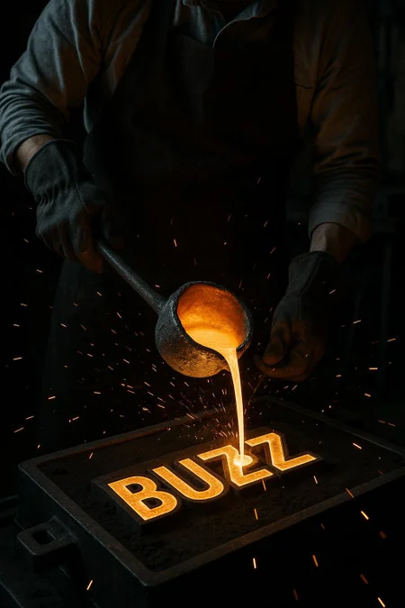a high-resolution, dramatic photograph capturing a craftsman in the process of metal casting. The layout is vertical, focusing on the hands and torso of the individual, who is wearing a dark apron over a light shirt. The craftsman's hands, which are gloved, are pouring molten metal from a ladle into a mold that spells out the word 'BUZZ' in bold, capital letters. The molten metal is a bright, glowing orange, contrasting sharply with the dark, industrial background. Sparks fly around the scene, adding dynamic movement and highlighting the intense heat of the process. The setting appears to be a workshop, with various tools and equipment visible in the background, contributing to the authentic, gritty atmosphere of the image.