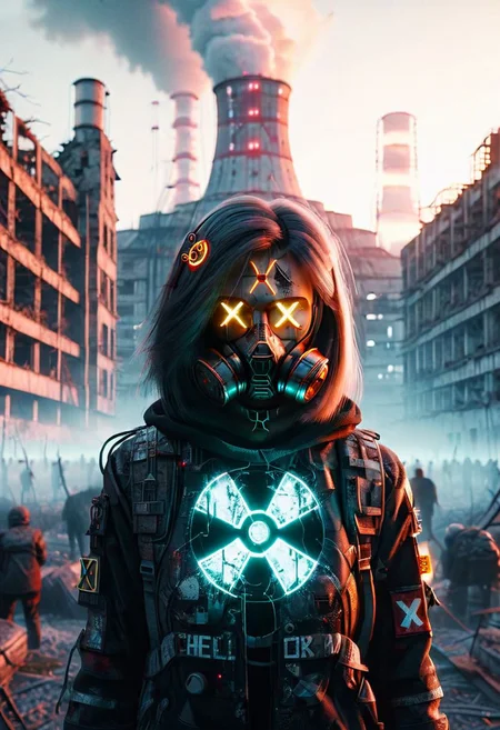 4D render, Chernobyl disaster, nuclear , Russia, Apocalypse,girl, detailed face, portrait, glowing x, minimalist outfit, anti social , ,cyberpunkartstyle,ruined ancient city,Professional styling, intricate details,8k post production, faithful, Religious denomination,